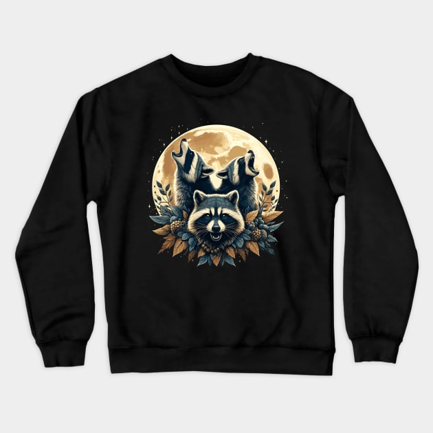 Whimsical Raccoons Moon Howl Crewneck Sweatshirt by JessArty